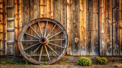 Obraz premium Rustic old wooden wagon wheel leaning against a barn wall