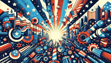 Fototapeta premium An abstract patriotic design featuring red, white, and blue elements, including stars, stripes, and cityscapes, radiating outward from a central point of light.