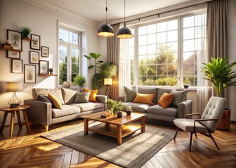 Fototapeta premium Softly lit cushions and sleek lines define the cozy small living room, where modern decor meets natural light