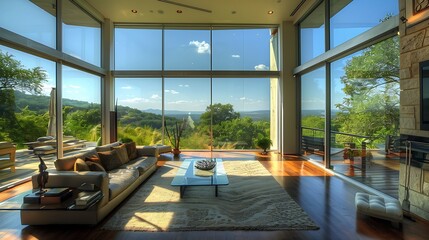 Write about the modern elegance of a living room with floor-to-ceiling windows 