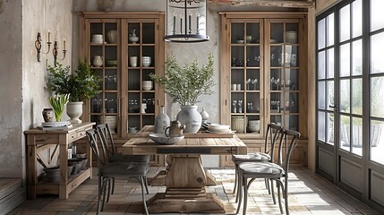 Write about the rustic elegance of a dining room with a wooden farmhouse table 