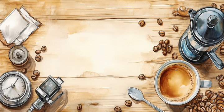 Watercolor illustration of coffee cup and coffee making equipment forming a border on wooden background