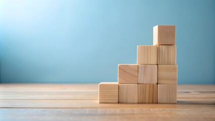 Construction of wooden blocks on wooden floor. Wooden cube blocks, empty space on blue background