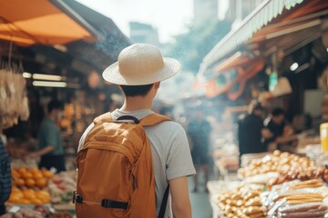 A Young Traveler Navigates the Vibrant Energy of an International Market Full of Delights