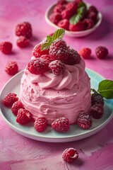 Raspberry mousse with a fresh berry garnish