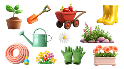 3d gardening png element set, transparent background