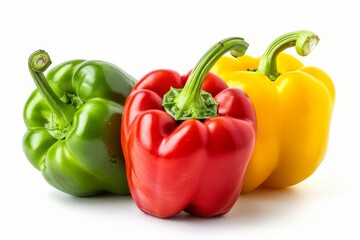 Three colorful bell peppers displayed together on a white background