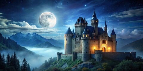 Naklejka premium A mystical medieval castle illuminated by the moonlight at night