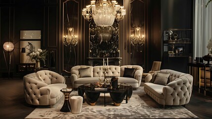 Write about the sophisticated look of a living room with a statement chandelier and elegant furniture 