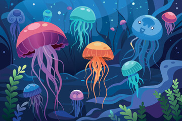 Colorful jellyfish swimming in ocean depths illustration
