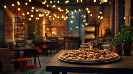 A Pizza on a Wooden Table in a Cozy Restaurant