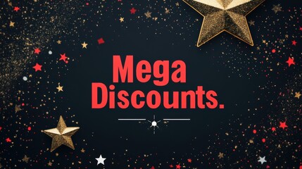 Black Friday flyer featuring mega discounts with gold stars and glitter on a dark background