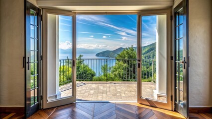 Double door opening to a beautiful terrace view