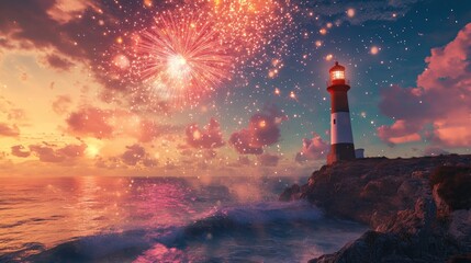 Obraz premium bursting over a coastal lighthouse, with the ocean waves crashing below