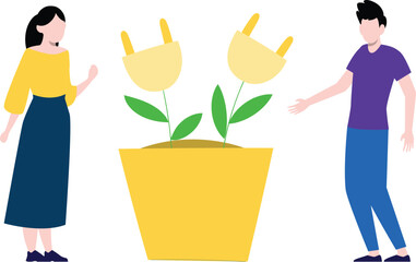 Boy and girl stand by the ecology plant.