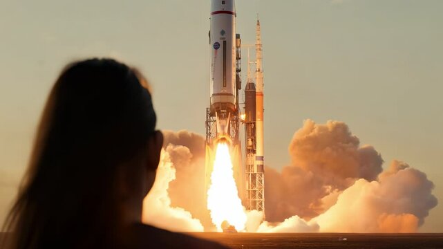 Cinematic Shot: Woman Watches Rocket Launch