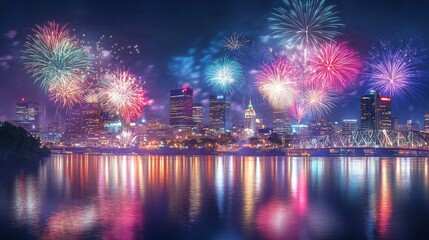 Fireworks lighting up a city skyline at night, colorful bursts of light reflecting in a calm river below