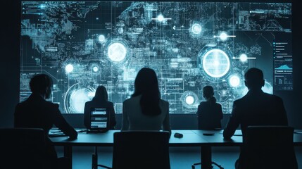 Silhouettes of People Working in a High-Tech Control Room