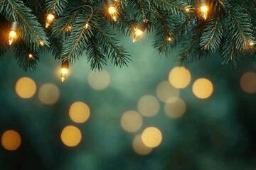 Obraz premium Christmas tree branches with garland lights on bokeh background.