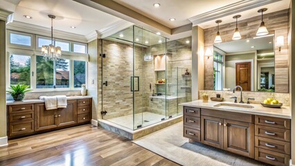 Luxurious master bathroom with spacious glass walk in shower