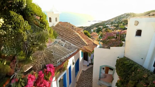 A FTV camera flies into the street of a picturesque Mediterranean village