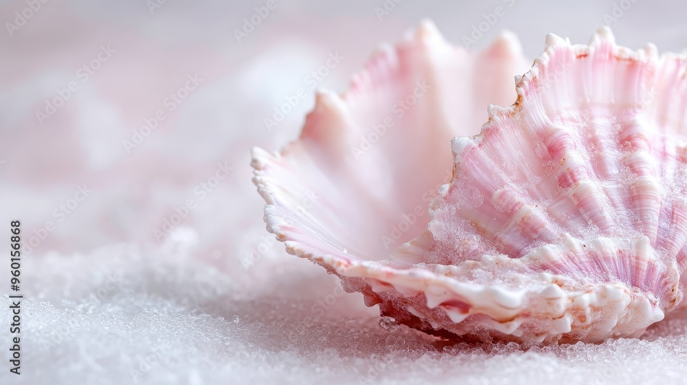 Poster a close-up image of a single pink and white seashell placed on a textured, soft surface, highlightin