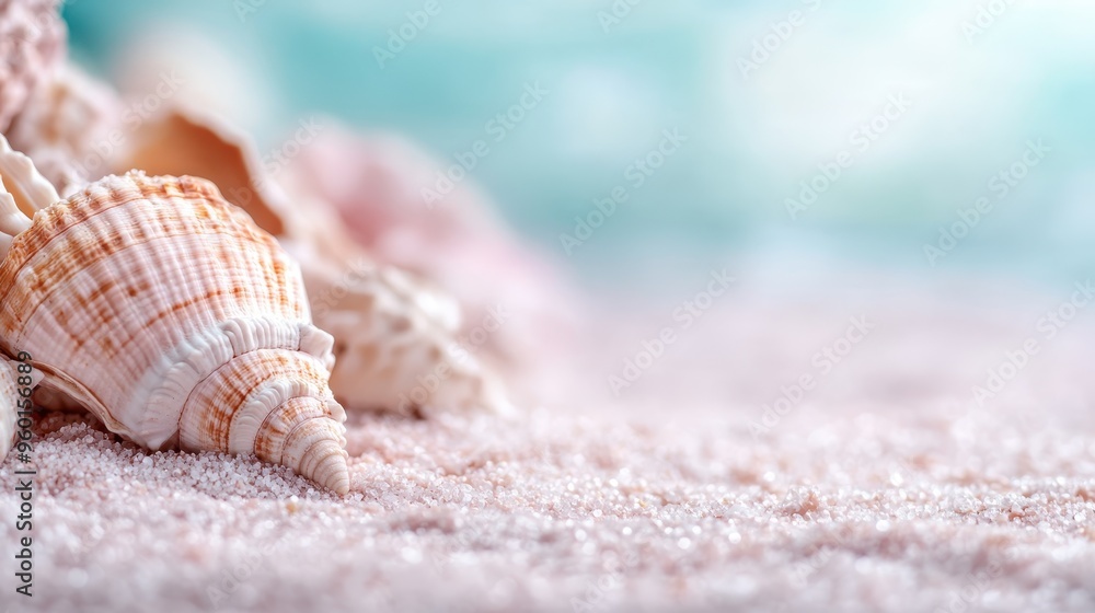 Poster an image of a single seashell lying on pink sand with an ethereal ocean background, capturing the es