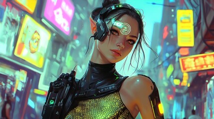 Futuristic cyberpunk woman in the city at night. Female cosplay character in a futuristic city. Beautiful young cyborg girl in tech wear in a neon-lit busy evening street