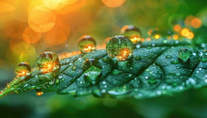 Water Droplets on a Green Leaf with Bokeh