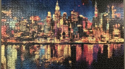 A completed jigsaw puzzle of a cityscape, with buildings and lights carefully placed together