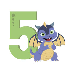 Cute cartoon dragon with number 5 for birthday.