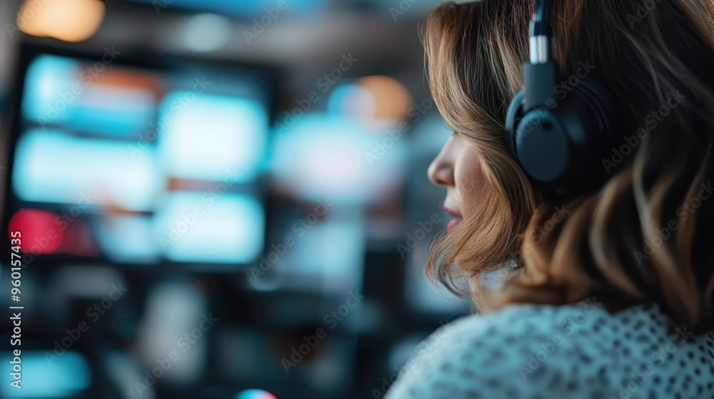 Poster a person wearing headphones is seen from behind, working with multiple screens displaying various da