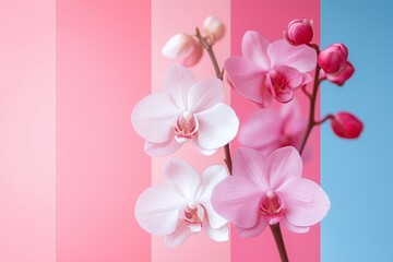 Fototapeta premium Orchid flowers bloom against a backdrop of pink and blue stripes, creating a beautiful and vibrant floral display.