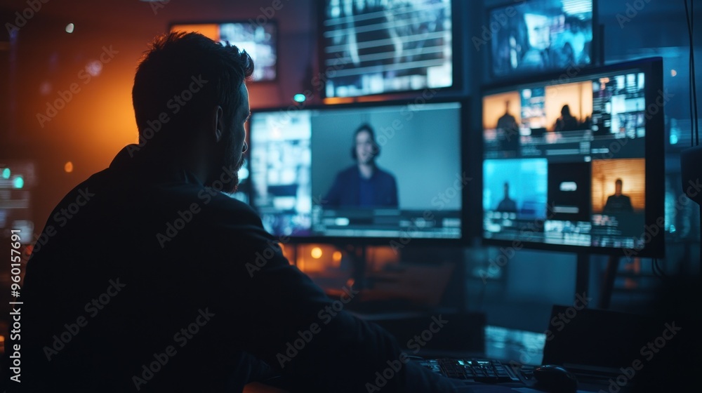 Poster a person monitors multiple screens in a tech-focused environment, likely for video editing or produc