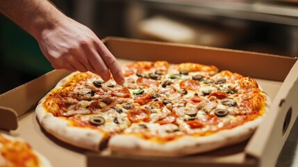 Hand Reaching for a Slice of Pepperoni Pizza