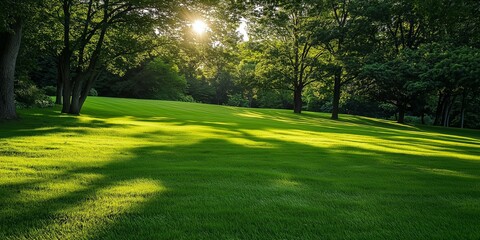 Fototapeta premium A beautiful park filled with green grass and trees, with sunlight creating shadows and a serene atmosphere.