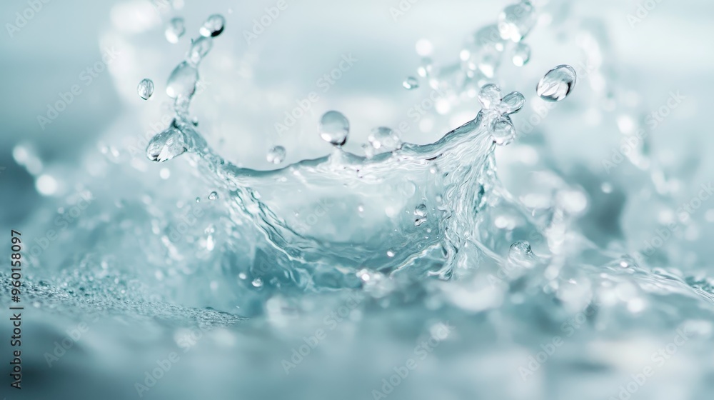 Poster a close-up image capturing the dynamic motion of a water splash, emphasizing the clarity and eleganc