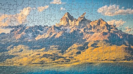 A jigsaw puzzle of a mountain landscape, partly assembled with peaks and valleys in view