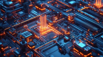 Glowing Technological Cityscape on Futuristic Circuit Board
