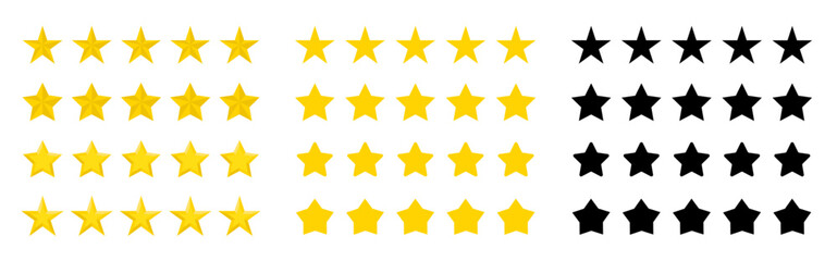 Fototapeta premium Stars. Five stars customer rating review. Vector yellow and black isolated five stars collection. Vector 5 stars rating review. Vector illustration