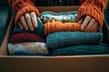 A cozy image featuring hands in knitted gloves arranging folded sweaters in a box, showcasing warm colors and textures perfect for the colder months