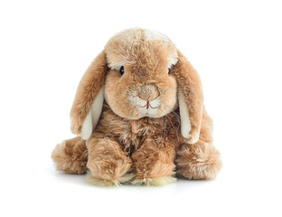 Fototapeta premium Soft toy bunny features fluffy fur on white background