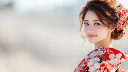 Portrait of an elegant woman in traditional attire with a beautiful floral hairpiece, exuding grace and poise, against a soft background, capturing timeless cultural beauty.
