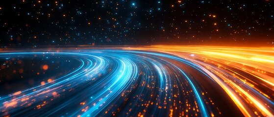 Naklejka premium A dynamic and vibrant abstract representation of light trails in blue and orange hues against a starry background, evoking a sense of motion and energy