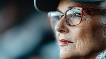Fototapeta premium A close-up shot of a person wearing a knit hat and glasses, focusing on the side of the face. The background is blurred, creating a soft and serene ambiance.