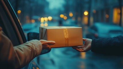 A person hands over a package from a car, illuminated by soft streetlights in a blurred, rainy urban setting during dusk