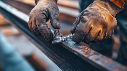 A person tightening a bolt with a wrench on a metal beam, showcasing industrial work.