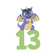 Cute cartoon dragon with number 13 for birthday.