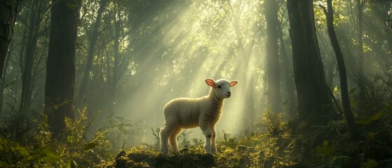 Fototapeta premium A serene lamb stands in a sunlit forest, surrounded by soft rays of light filtering through trees, creating a tranquil and magical atmosphere