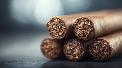 A detailed close-up image of rolled cigars placed on top of each other, showcasing the intricate details and textures of the tobacco leaves and the artisanal craftsmanship.